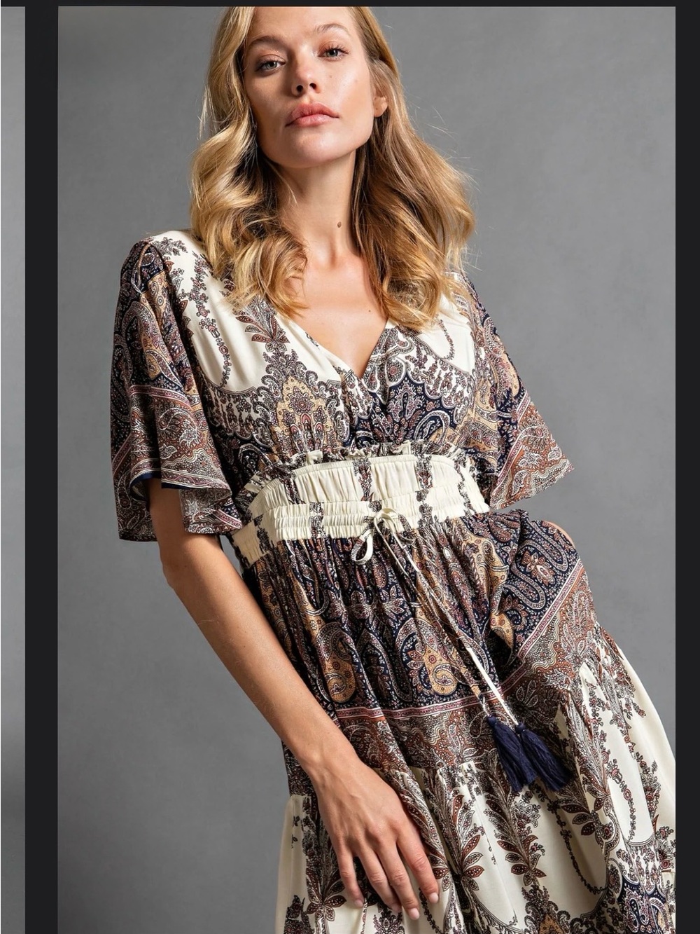 Easel Boho Mixed Paisley Print Tassel Tie Waist Flutter Sleeve Maxi Dress• Small - Picture 3 of 6
